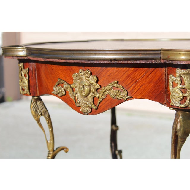 French Louis XV Revival Style Parquetry & Gilt Metal Accent Table, Mid 20th Century For Sale In Naples, FL - Image 6 of 15
