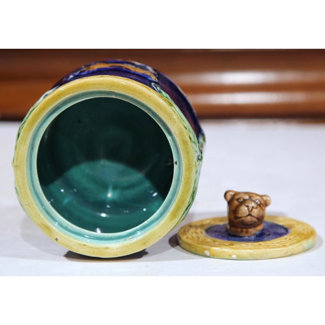 Blue 19th Century French Painted Ceramic Barbotine Sugar Bowl With Lid and Cow Decor For Sale - Image 8 of 9