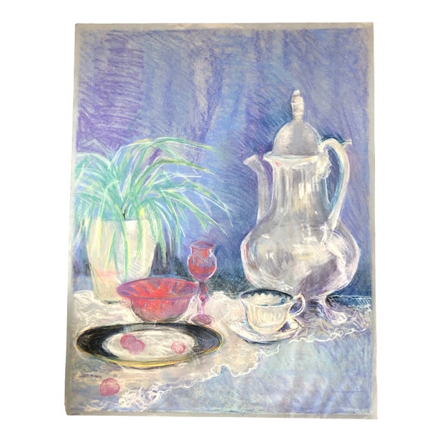Original Vintage Impressionist Tabletop Still Life Pastel Drawing 1970’s For Sale