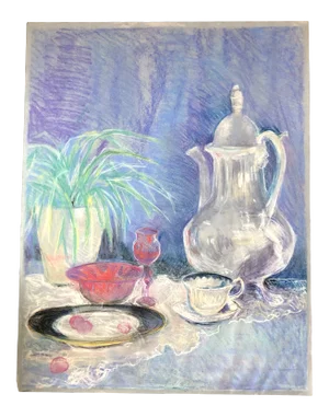 Original Vintage Impressionist Tabletop Still Life Pastel Drawing 1970’s