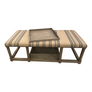 Very Large Classic Grey Wood & Upholstered Striped Ottoman For Sale