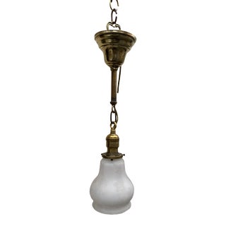 Vintage Brass Hanging Fixture With Vintage Embossed Shade For Sale