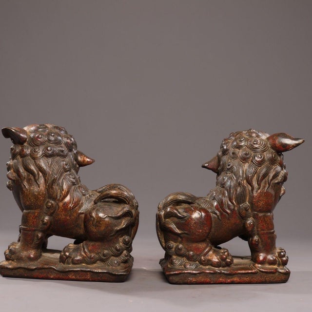 Pair of Vintage Chinese Bronze Foo Dogs - Mud-Gold & Cinnabar Guardian Lions For Sale - Image 9 of 9