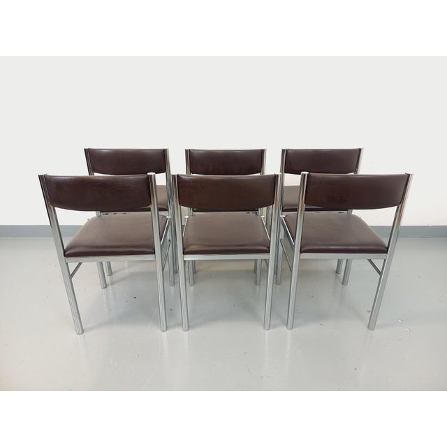 1970s Vintage Chairs in Chromed Metal and Brown Imitation Leather, 1970s, Set of 6 For Sale - Image 5 of 18