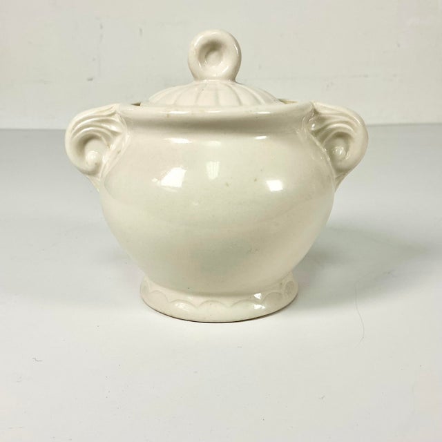 Ceramic 1940s Vintage Farmhouse Boho Chic Art Deco Porcelier Vitreous Cover Sugar Bowl For Sale - Image 7 of 11