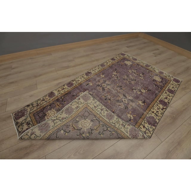1970s Floral Design Art Deco Purple Oushak Accent Rug For Sale - Image 9 of 10
