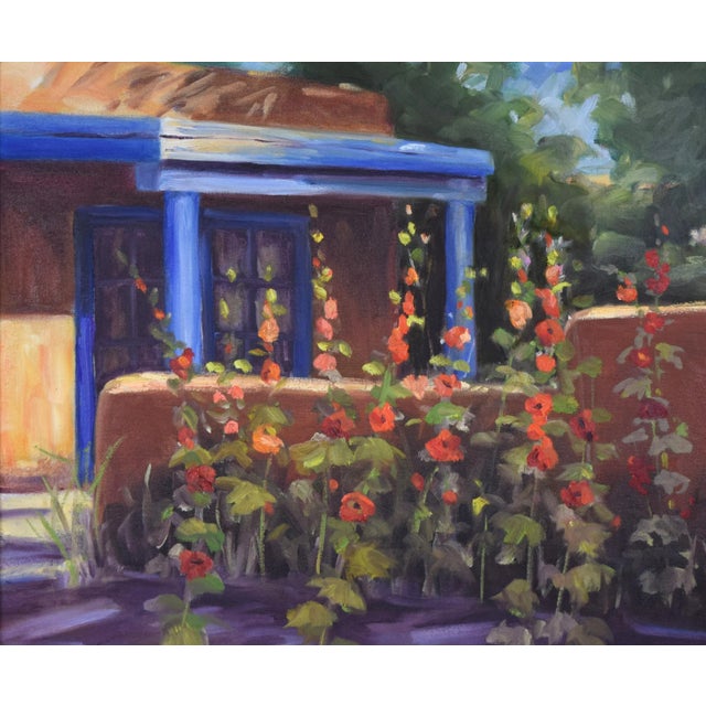 Vintage Southwestern Painting Taos New Mexico Adobe Home With Flowers For Sale - Image 4 of 7