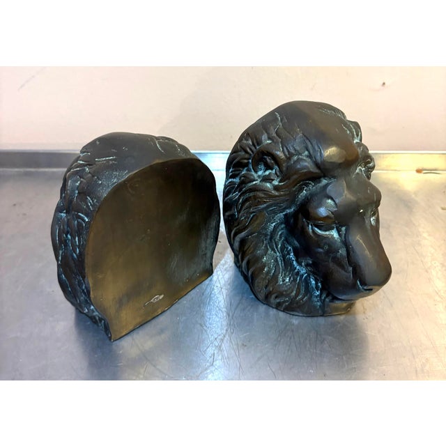 San Pacific Heavy Brass Lion Head Bookends For Sale - Image 4 of 5