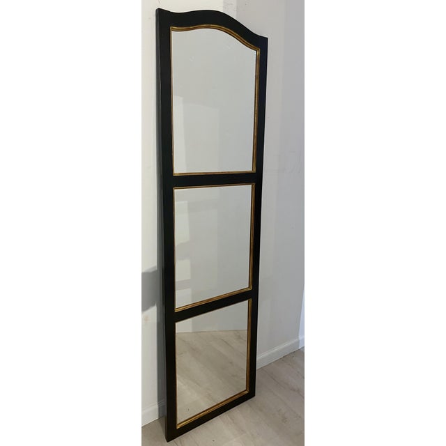 Large Black and Gilt Window Pane Paneled Mirrors (Each H 74 X W 20 7/8) For Sale - Image 10 of 13