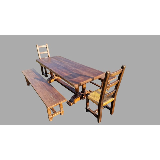 Farm Table in Oak with Chairs and Benches, Set of 5 For Sale - Image 6 of 11
