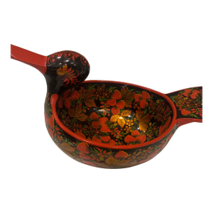 Vintage Russian Khokhloma Hand-Painted Wooden Duck Punch Bowl With 8 Spoons.