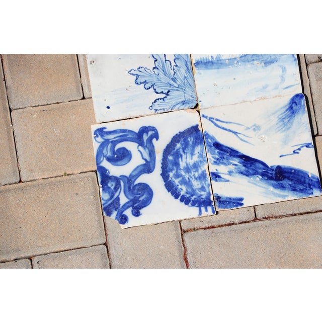18th Century Antique Hand-Painted Portuguese Set of 6 Tiles With Rustic Scenic Decoration For Sale - Image 6 of 7