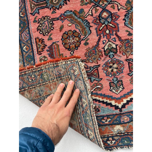 Antique Hamadan Rug in Coral Pink & Sky Blue 2 7 X 3 4 For Sale - Image 4 of 9