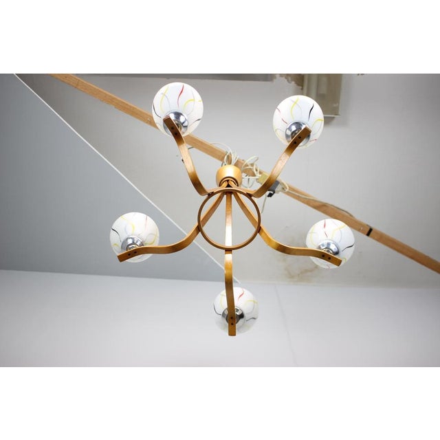 1970s Mid-Century Wooden Chandelier with Glass Shades, Czechoslovakia, 1970s For Sale - Image 5 of 14
