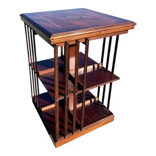 1930s English Revolving Bookcase Figured Walnut W/Satinwood Inlay 2 Tier For Sale