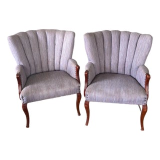 1960s-70s Grey-Blue Channel Tuft Armchairs W/ Nailhead Detail For Sale