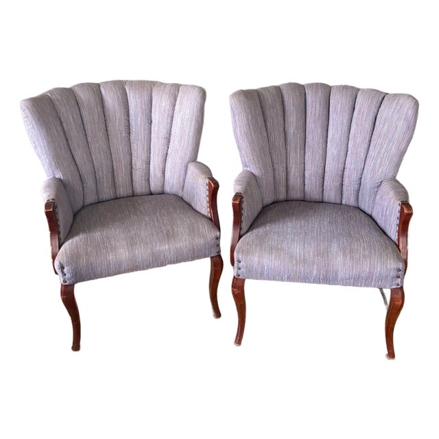 1960s-70s Grey-Blue Channel Tuft Armchairs W/ Nailhead Detail For Sale