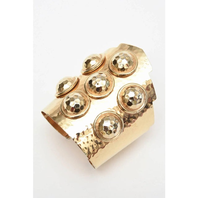 Modern Vintage Hand Hammered Brass Wide Cuff Bracelet With Seven Raised Disks, 1970's For Sale - Image 3 of 8