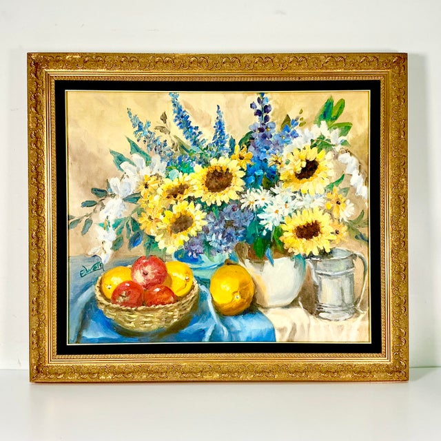 Mid-Century Impressionist Boho Chic Sunflower Still Life Original Oil Painting by American Edith Weir For Sale - Image 11 of 12