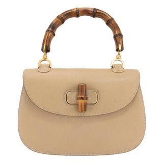 Gucci Bamboo 1947 Vintage Beige Leather Turn-Lock Top Handle Shoulder Bag For Sale