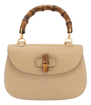 Gucci Bamboo 1947 Vintage Beige Leather Turn-Lock Top Handle Shoulder Bag
