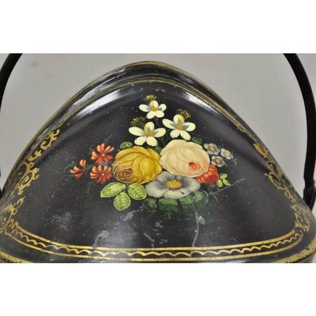Traditional Antique Victorian Black Steel Hand Painted Flower Tole Metal Coal Scuttle Bucket For Sale - Image 3 of 12