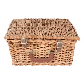 Vintage Wicker Hinged Picnic Basket For Sale