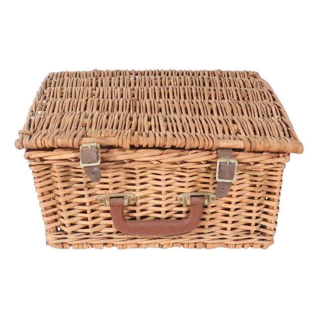 Vintage Wicker Hinged Picnic Basket For Sale
