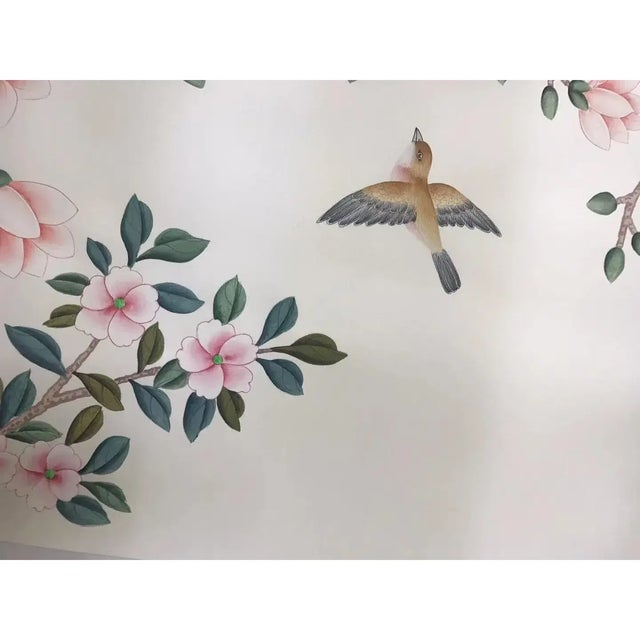 Chinoiserie Pink Peony Chinoiserie Mural Hand Painted Wallpaper 36"w X 96" Panel For Sale - Image 3 of 10