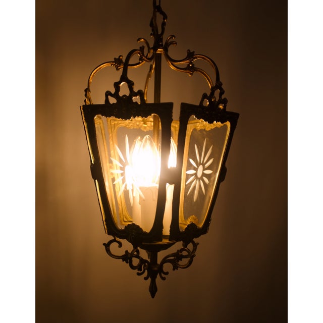 Brass Hanging Lantern with Three Lights and Cut Glass For Sale - Image 4 of 10