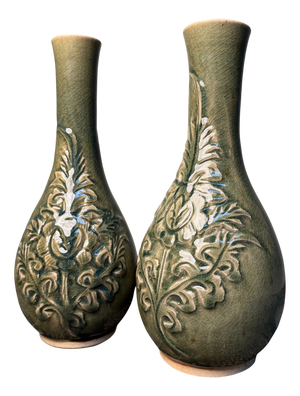 Celadon Ikebana Vases with Floral Relief by Noma Gazan, Japan, 1970s, Set of 2
