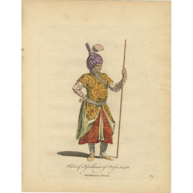 Antique Persian Costume Prints Set of 3, Hand-Colored Engravings, 1749 A refined and highly decorative set of three...
