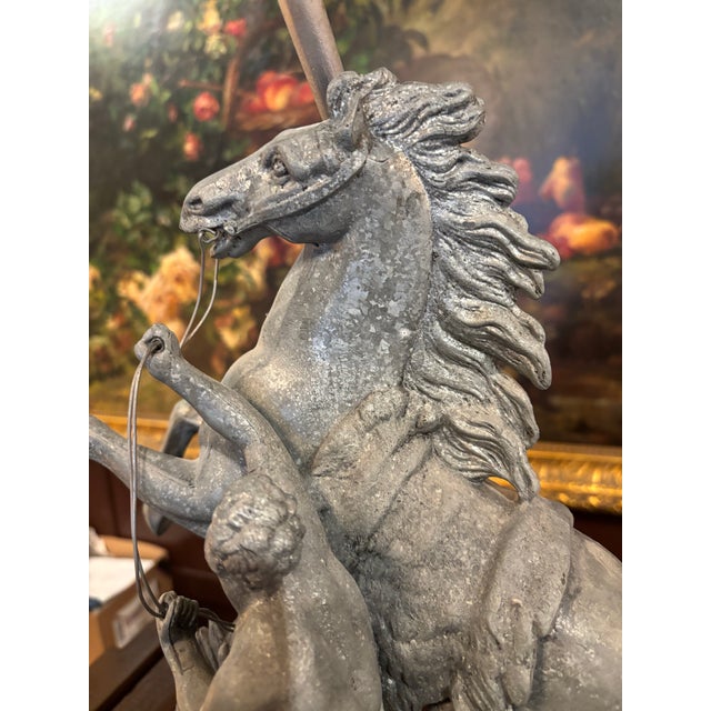 Antique Victorian Spelter Marly Horse & Groom Statue Lamp – After Guillaume Coustou, Late 19th Century Gsj For Sale In Seattle - Image 6 of 8