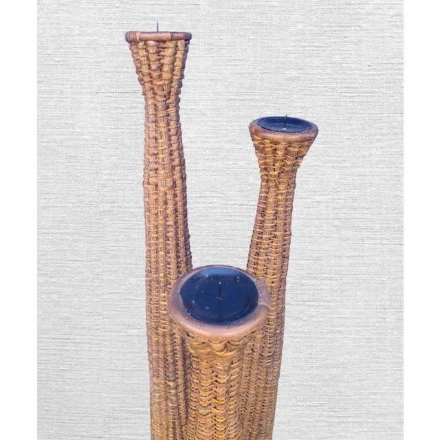 English Vintage Extra Tall Weaved Wicker Graduated Floor Candle Holders Set of 3 For Sale - Image 3 of 6