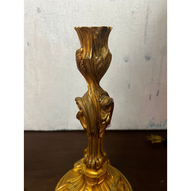 French Pair of French Louis XV Style Gilt Bronze (Ormolu) Candlesticks For Sale - Image 3 of 6