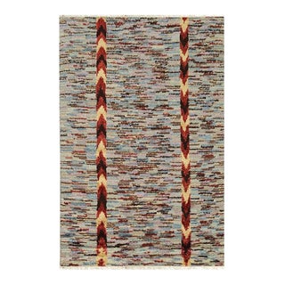 6x9 Multicolor Hand-Knotted Wool Bamboo Silk Chevron Banded Geometric Carpet Rug For Sale