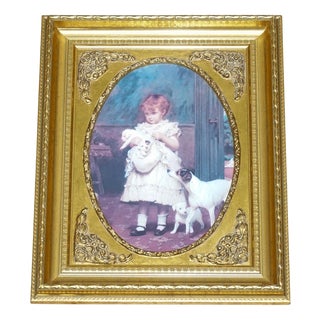 Vintage Victorian Style Girl with Dog and Puppies Print in Gilt Frame For Sale