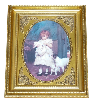 Vintage Victorian Style Girl with Dog and Puppies Print in Gilt Frame