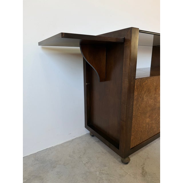 Brown Mid Century Milo Baughman Style Burlwood & Brass Bar Cart With Glass Top For Sale - Image 8 of 12