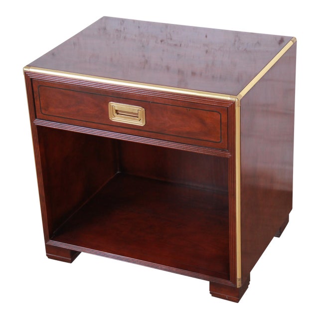 Baker Furniture Hollywood Regency Fruitwood And Brass Campaign Style Nightstand Chairish