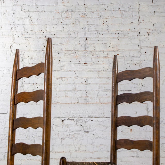 Late 19th to Early 20th Century Pair of French Country Style Oak Ladderback Chairs Twisted Papercord Seats For Sale - Image 9 of 18