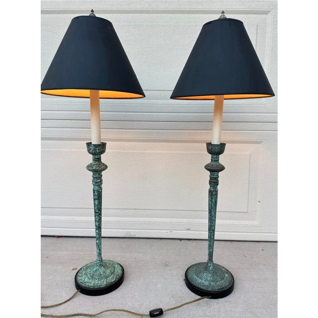 Late 20th Century Pair of Vintage Frederick Cooper Verdigris Candlestick Buffet Table Lamps For Sale - Image 5 of 18