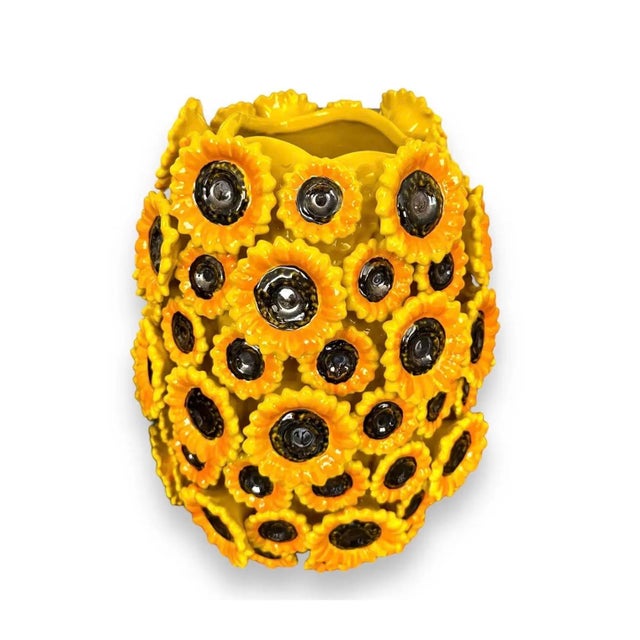 Traditional Vintage Majolica Sunflower-Adorned Ceramic Vase For Sale - Image 3 of 12