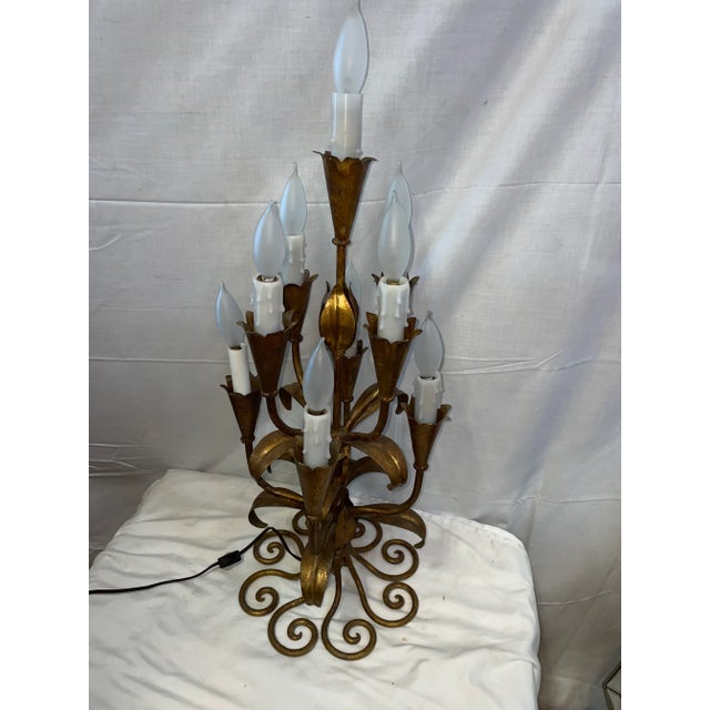 Brass Mid Century Modern Italian Candelabra Lamp Gilt Iron Tole 9 Light For Sale - Image 8 of 8