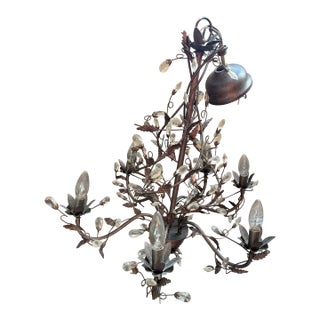 Late 20th Century Tuscan Wrought Iron Branch Chandelier With Crystal Leaves & Teardrops For Sale