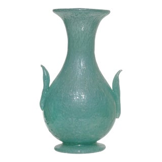 Antique Murano Avem 1932 Pulegoso Teal Green Bubbles Italian Art Deco Glass Footed Flower Vase For Sale