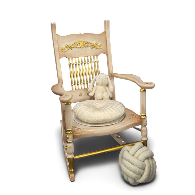 Late 19th Century Vintage Hand-Painted Nursery Rocking Set: Gold Accent Cradle & Rocking Chair For Sale - Image 5 of 11