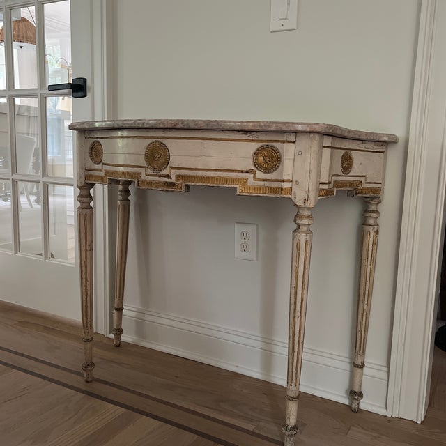 French Antique French Louis XVI Style Cream and Gilt Paint-Decorated Marble Top Demilune Console Table For Sale - Image 3 of 6