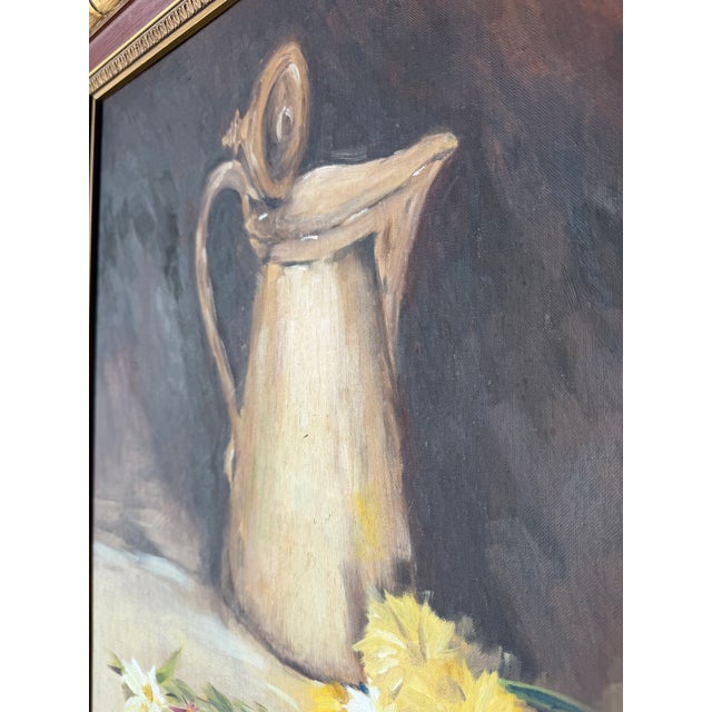 Vintage Floral & Pitcher Still Life Oil Painting on Masonite - Framed For Sale - Image 11 of 13
