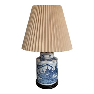 Vintage Blue & White Chinoiserie Table Lamp With Shade For Sale